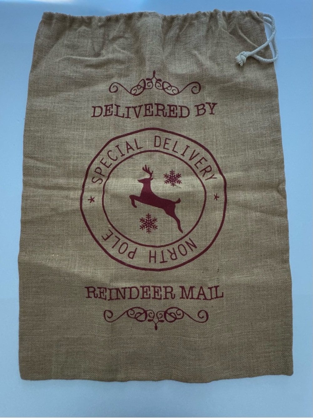 Rustic Burlap Christmas Santa Sack Reindeer Mail Drawstring Gift Bag Large 33x24